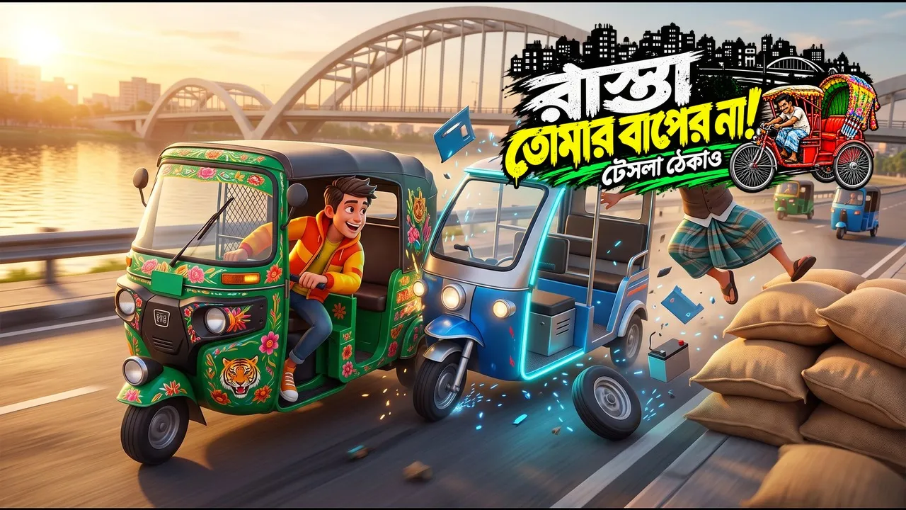 Rasta Tomar Baper Na!: a CNG rams a reckless Tesla on the Hatirjheel bridge road
